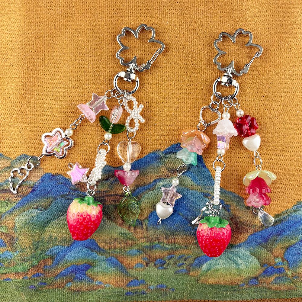 Cute Bear Strawberry Beaded Phone Chain Y2K Coquettish Fairytale Lily Of The Valley Keychain Handbag KeyPendant Accessories Gift