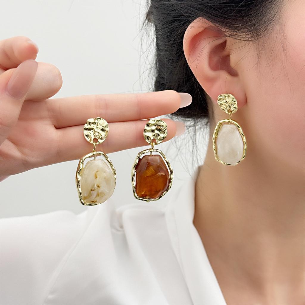 Ins Personality Trend Oil Drop Petal Stud Earrings, Retro Geometric Smudge Resin Earrings