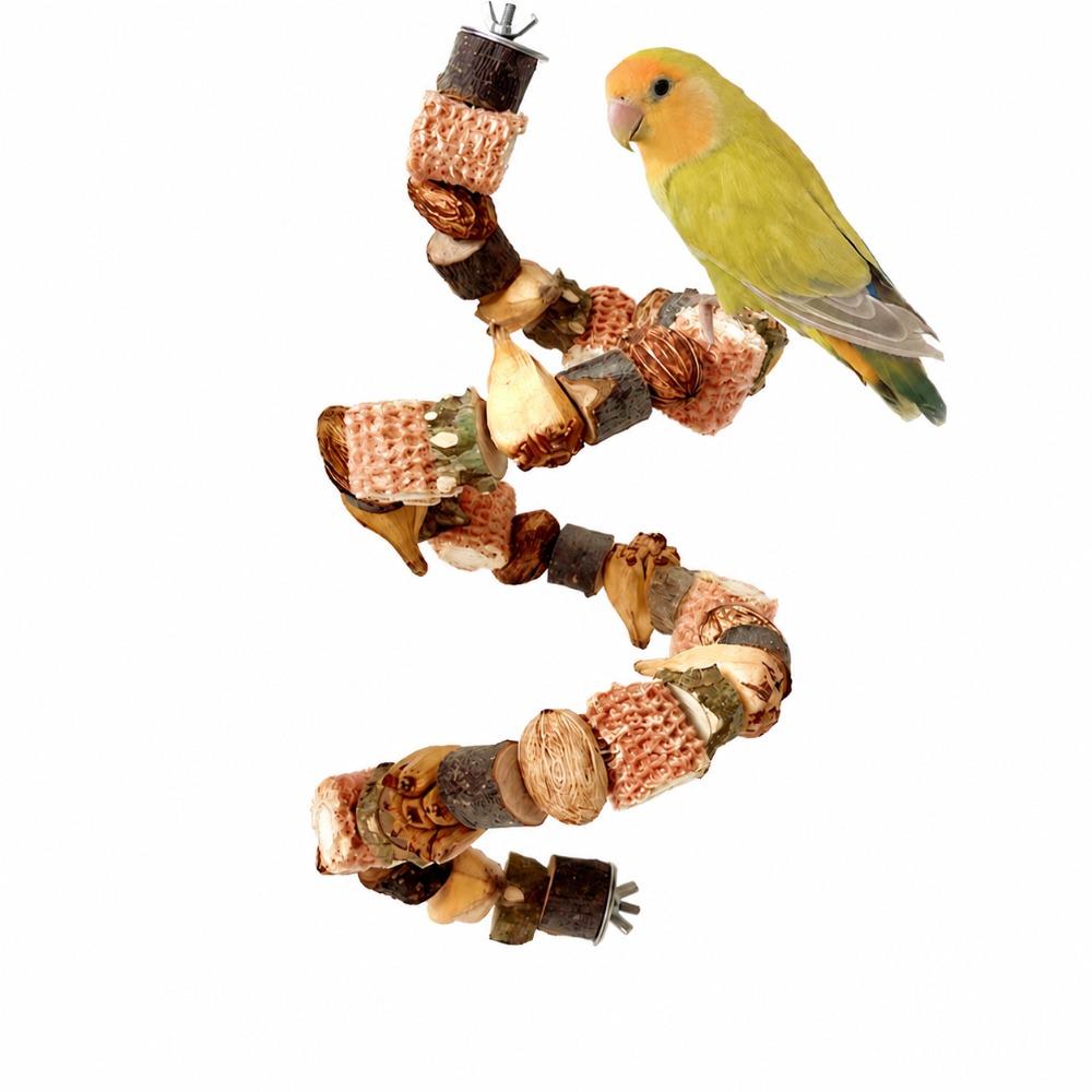 Spiral Bird Perch Climbing Rope Toy - Natural Wood Parrot Chewing Toy for Cage, Flexible Shredding Toy for Budgies Conures Cockatiels, Wood Color