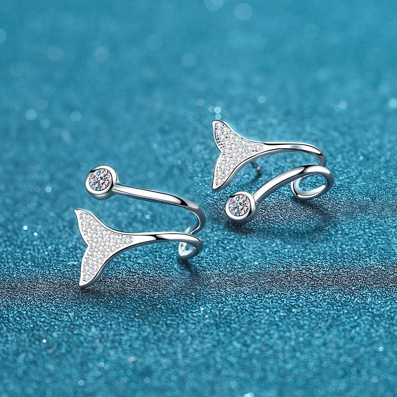S925 Sterling Silver Earrings Female Plated Pt950 Little Mermaid Tail Micro -Mosaic Mossan Stone Earrings Earrings