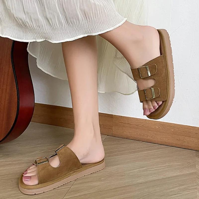 Fashion Ladies Shoes 2024 High Quality Basic Women's Slippers Fashion Belt Buckle Casual Slippers Women Hot Sale Peep Toe Flat Slippers