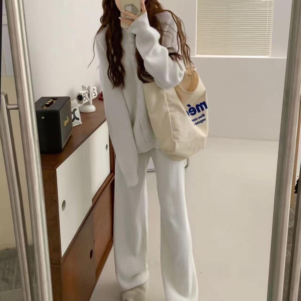 Fashionable Single-Breasted Collared Knitwear Set Women's Autumn/Winter New Arrival Cardigan Sweater Outerwear + Wide Leg Trousers Two-Piece Set