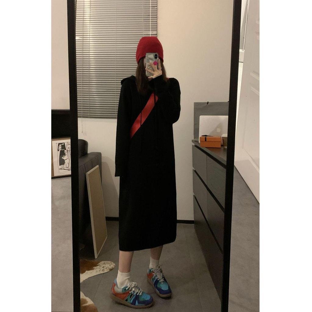 Korean-Style Thick Knit Hooded Sweater Dress for Women - Soft, Loose, Perfect for Autumn and Winter