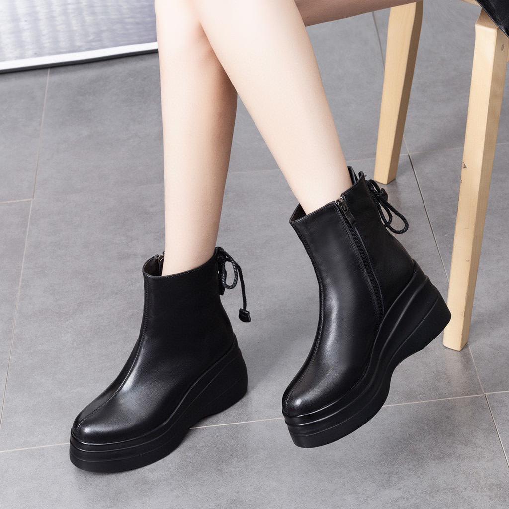 Leather boots women's autumn and winter new thick-soled muffin and waterproof countertop side zipper short boots black women's boots