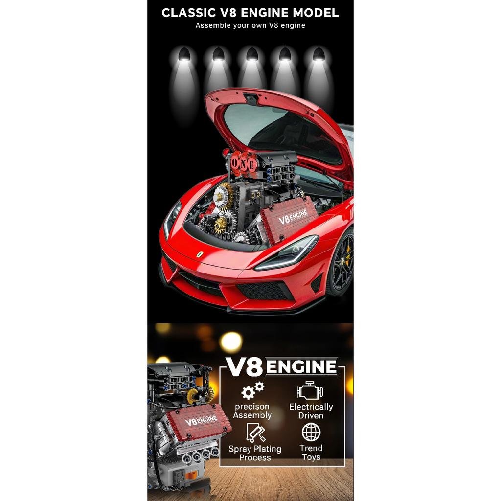V8 Engine Motorized Simulation Brick Model Electrically Drive Building Blocks Technical Car Parts Creative Toys Gifts Adult