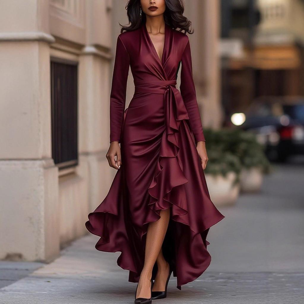 Polyester Satin Vneck Waist Ruffle Dress For Elegant Occasions