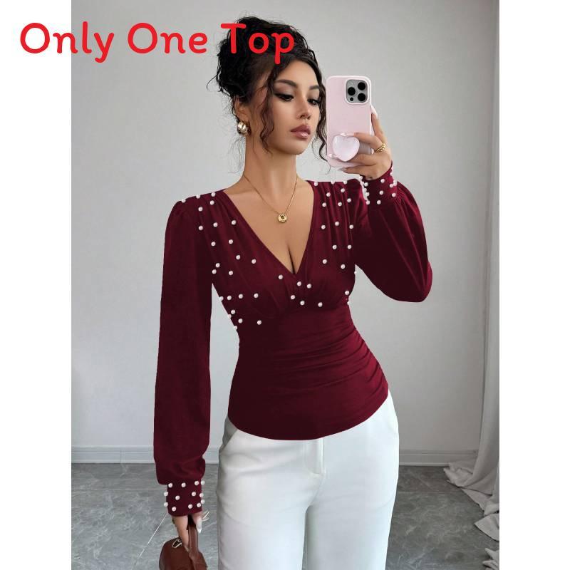 Elegant Long Sleeve T Shirt With Pearl Embellishments For Office Wear