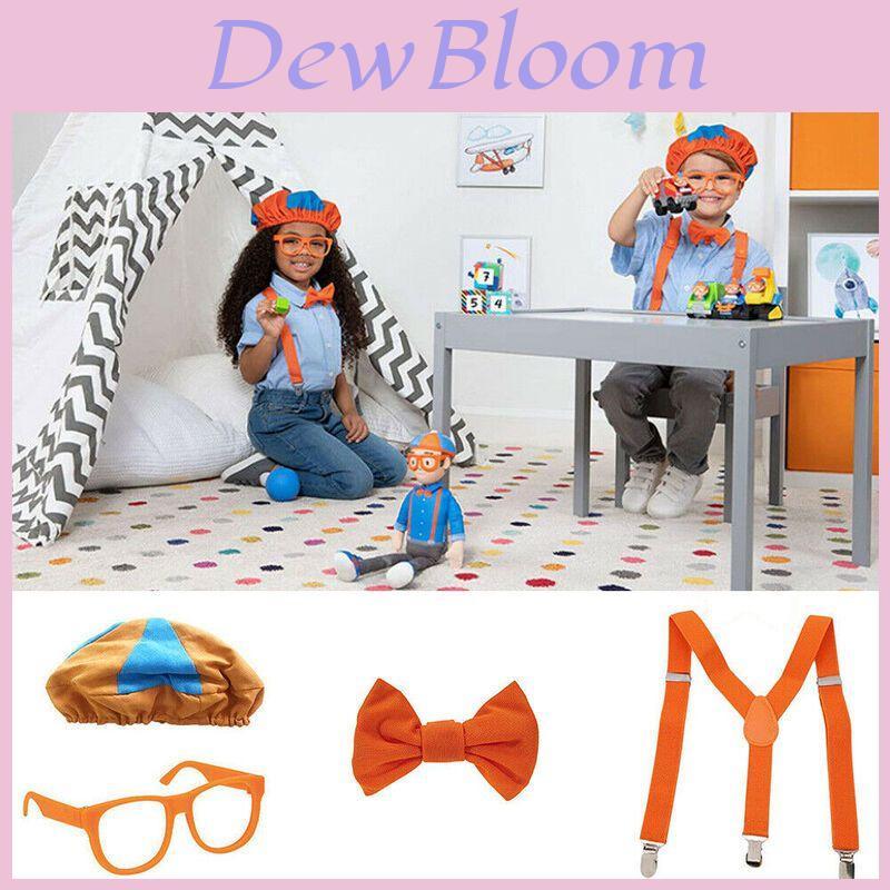 Disfraz de Blippi con tirantes ajustables de color naranja brillante y sombrero
