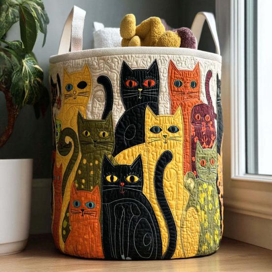 Quilted Laundry Basket Foldable Boho Fabric Laundry Hamper Cute Cat Storage Basket for Clothes Toys Blankets Nursery Bedroom