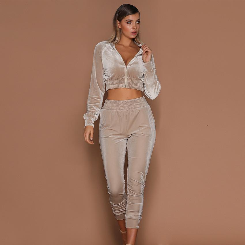 Velvet Suit Women's Autumn and Winter Solid Color Zipper Sweater and Foot Sports Trousers Two-piece Women