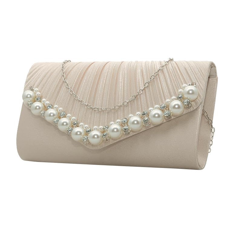 

Dress K.O Large Pearl Clutch Bag for Weddings, Women s 2-Way Party Bag with Beads (Champagne Gold)