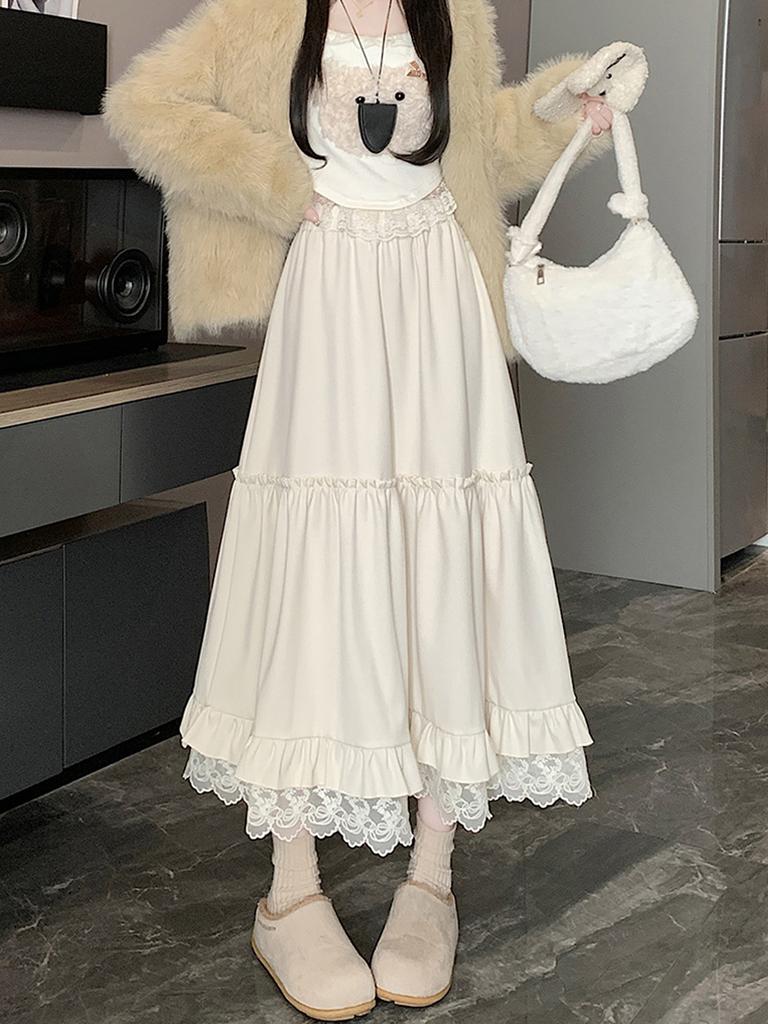 Lace Spliced Midi Skirts for Women High Waist Sweet Vintage A-line Cake Skirt Fashion Clothing Spring Autumn