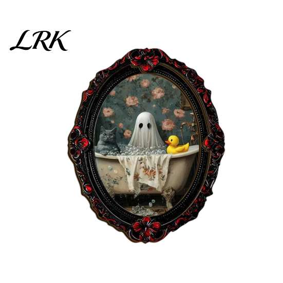 Retro Black Embossed Photo Frame Gothic Halloween Refrigerator Magnet, Distressed Oval Frige Magnets, Dark Waterproof Oil Painting Art Style Skeleton