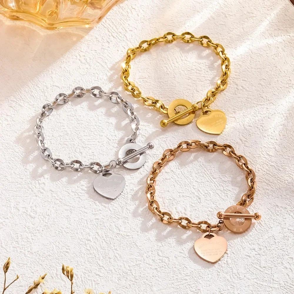 Edelstahl Herz Anhänger Gliederkette mit Light Luxury OT-Schloss – Elegantes Modearmband für Damen Mädchen Geschenk