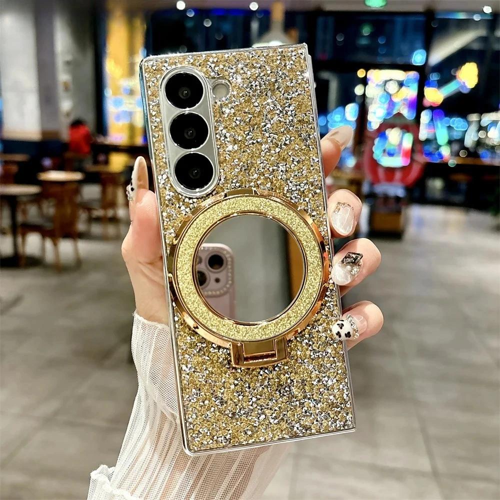 Luxurious Fashion Glitter Mirror Stand Magnetic Phone Case for Samsung Galaxy Z Fold 7 6 5 6 4 Plating Bling Diamond Back Cover