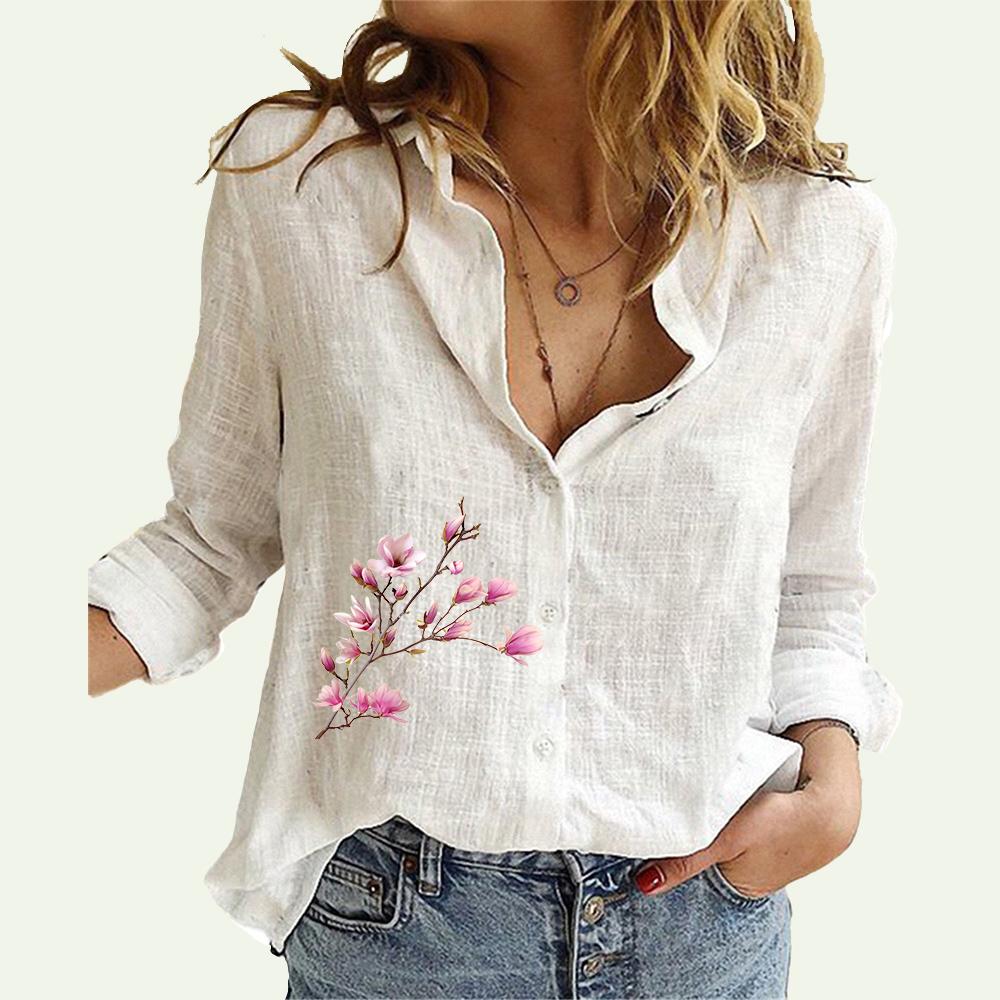 Ladies Floral Print Shirt Summer&autumn Casual Button-down Linen Top Women Fashion Long Sleeve Blouses