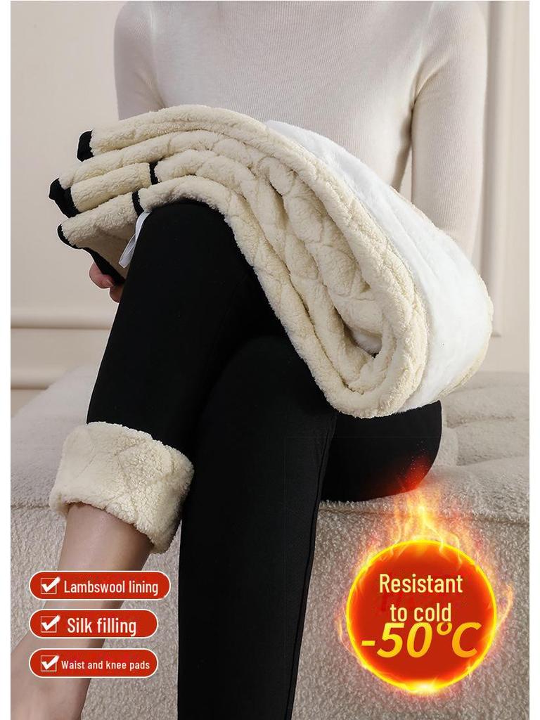 Women's High Waist Thick Wool Blend Leggings Extra Warm Fleece-Lined Knee Pad Pants