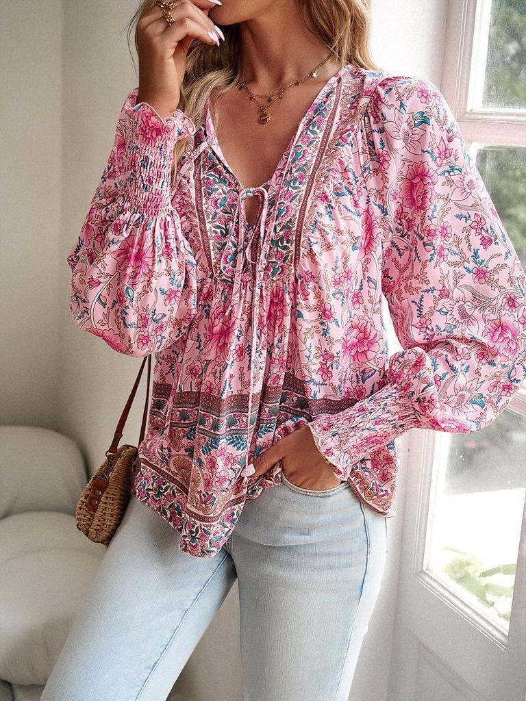 Spring/Summer 2025 Bohemian V-Neck Tie Long Sleeve Print Top for Women.