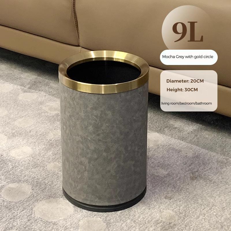 Quality Double Layer Leather Trash Can Metal Beautiful Waste Paper PU Basket Storage Bin for Bathroom  Bed Room