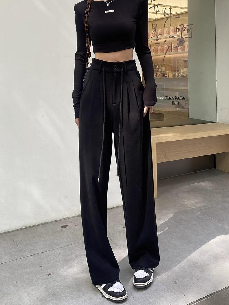 Petite High Waist Gray Drawstring Sweatpants for Women - Loose, Slimming, Wide Straight Leg, Casual Joggers