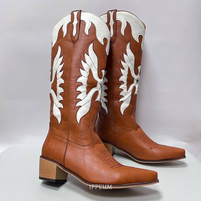 Fashion IPPEUM Western Cowboy Boots For Women Firebird Embroidery Leather Knee High Boot Country Western Brown Cowgirl Shoes Plus Size44