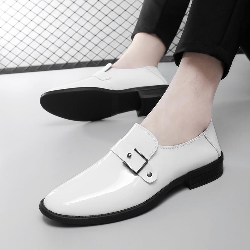 Fashion British New Pointed White Black Genuine Leather Shoes For Men Formal Wedding Prom Dress Homecoming Pageant Monk Strap Loafers