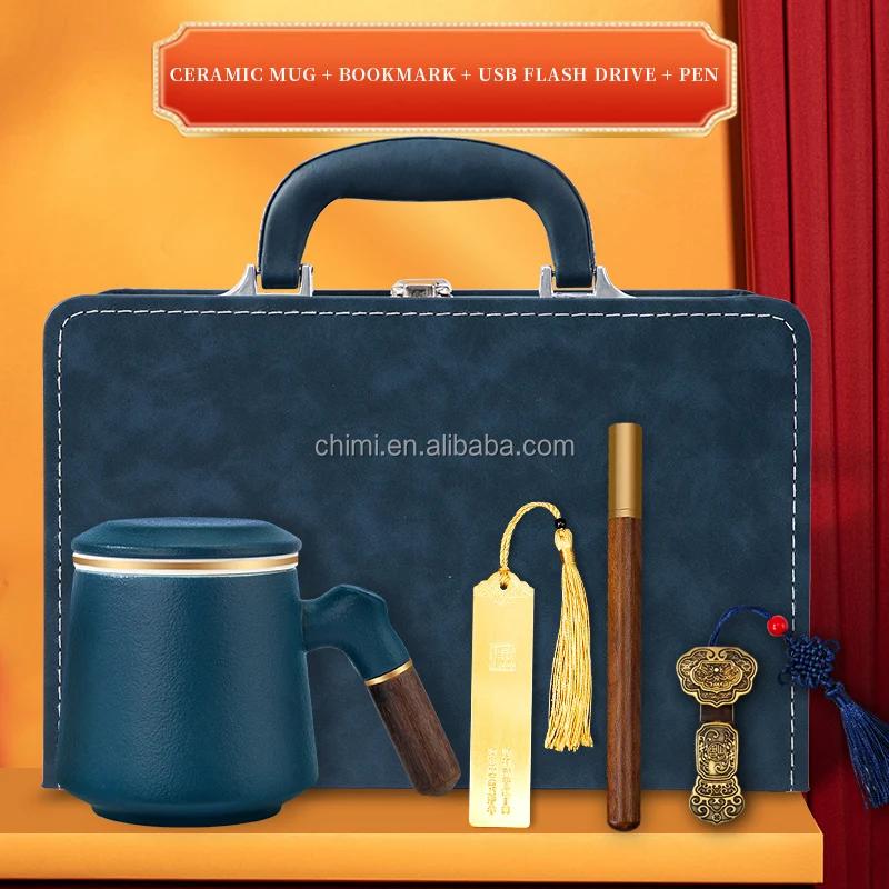 Hot sale Male and Female Corporate Gift Bookmark Usb Stick Wooden Pen Teacup Portable Leather Case Packaging Luxury Gift Set