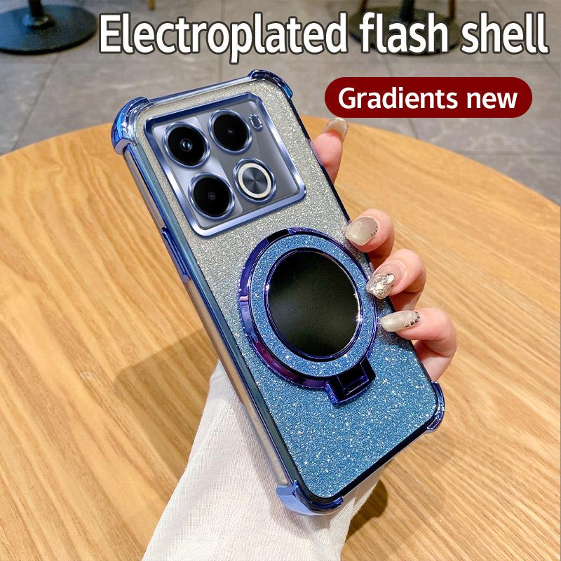 Plating Shockproof Stand Ring Mirror Phone Case For Infinix Hot 40 Pro 30 30i 40i 50i 10S NFC 10 Lite 9 Play Glitter Soft Cover