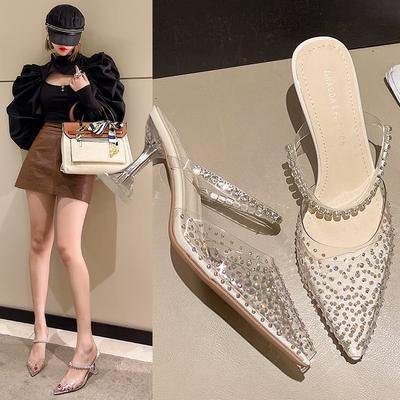Pointed Transparent High Heels Women 2024 Summer New Fine Heel Rhinester Gentle Wind Fairy Glass Shoes
