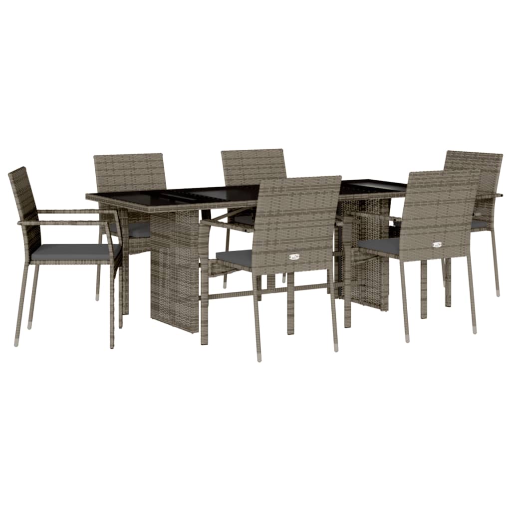 7 Piece Outdoor Dining Set with Cushions Gray Poly Rattan