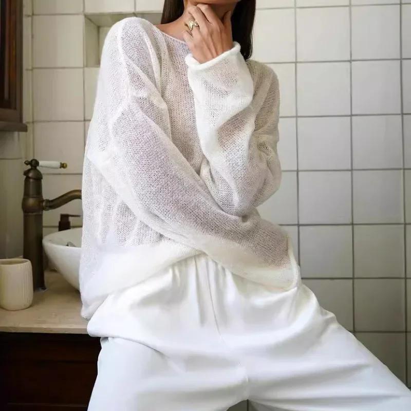 

Ажурная трикотажная рубашка весна/лето женская перспектива тонкая большая круглая горловина рукав труба трикотажная футболка L чёрный