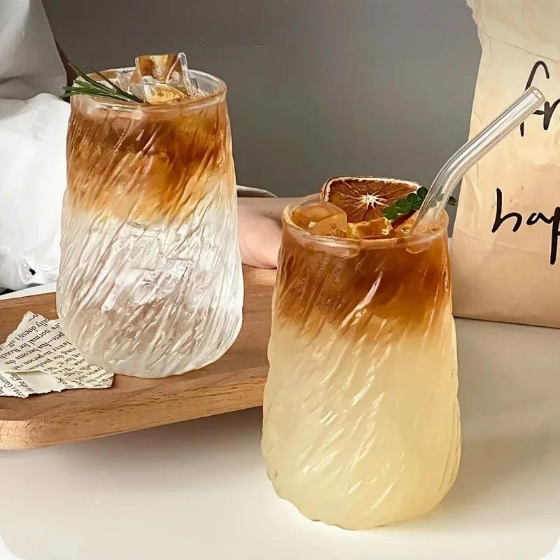 400ML Coffee Mug Glassware Stripe Glass Cup Ice Mug Transparent Glass Tea Cup Drinkware Juice Milk Mocha Cups Kitchen Supplies L