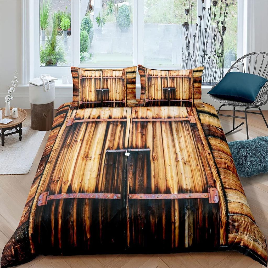 Rustic Farmhouse Wood Door Print Comforter Cover Butterfly Theme Duvet Cover,Girl Women Pink Rose Flower Bedding Set for Bedroom