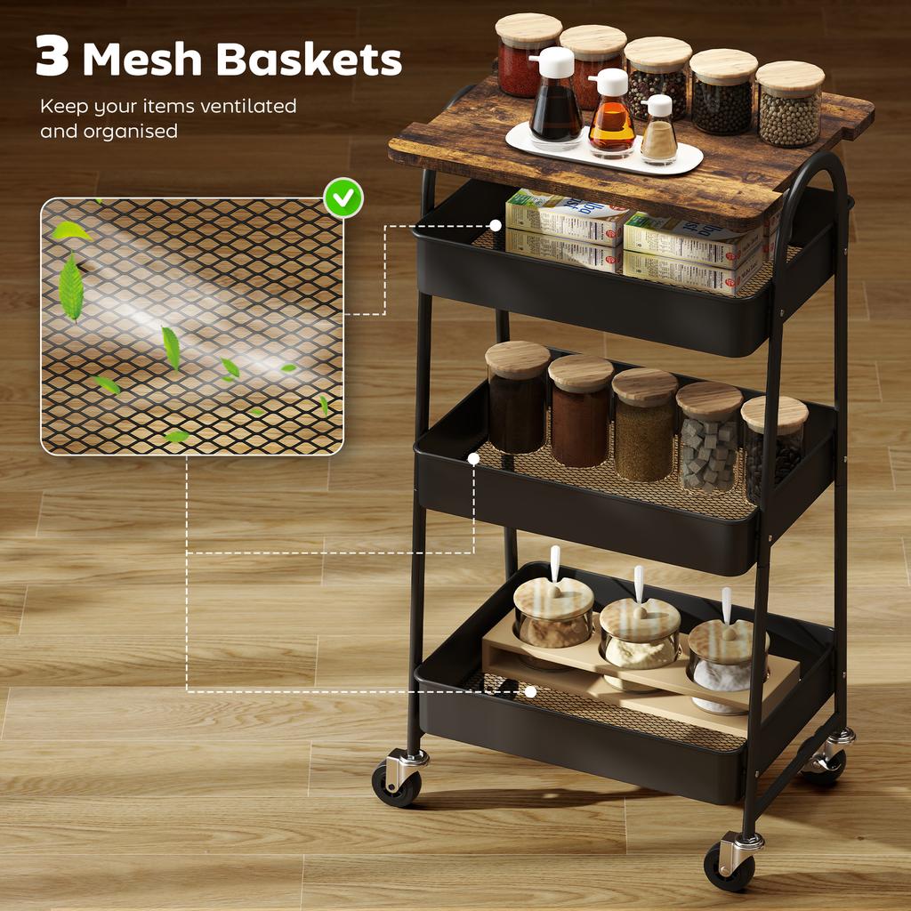 3 Tier Kitchen Storage Trolley With On Wheels Cover Top Board Rustic Brown And Black