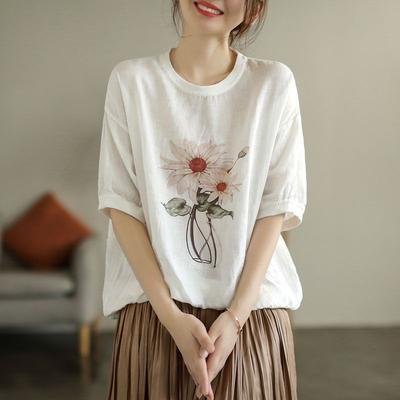 Tops Women Cotton Summer Large Size T-shirt Polo Neck Loose Printed Casual Pullover T-shirt Top