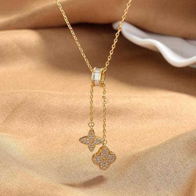 Fashion Four-Leaf Clover Tassel Collarbone Chain Double-Sided Zirconia Shell Stone Necklace Exquisite Luxury Ladies Necklace