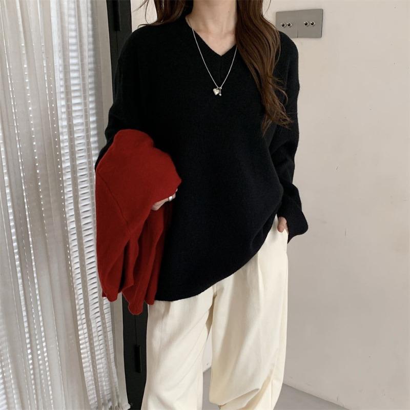 

Gentle and simple solid color collar pullover sweater women s autumn and winter new loose and lazy soft waxy knitted sweater top average size чёрный