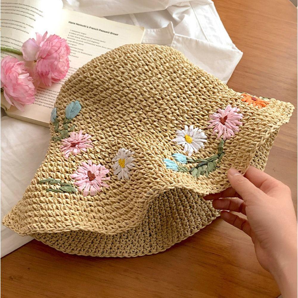 Embroidered Flower Weave Hat Boho UV Protection Cap Casual Beach Hat  Party