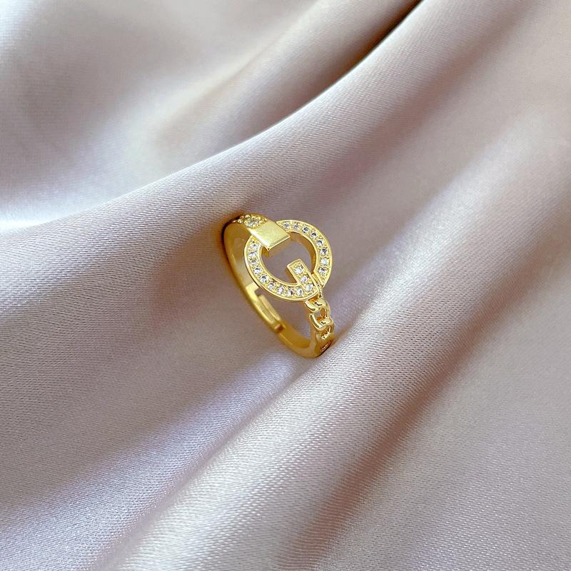 Łańcuszek ze Złota Pierścionek Otwarty Pełen Diamentów Kształt G Prosty Regulowany Biżuteria Japoński Pierścionek Pierścionek dla Pary