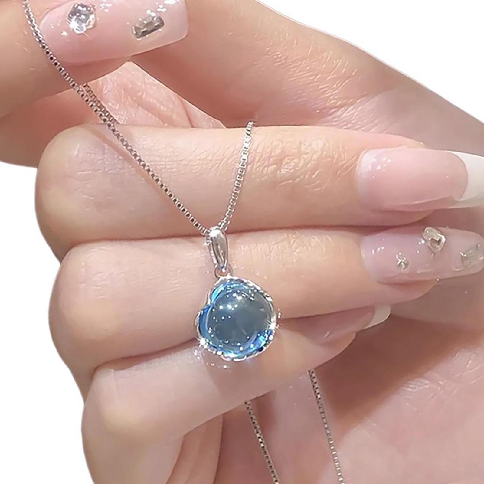 

Fashion Sweet Round Crystal Pendant Necklace Adjustable Neckchain Handmade Clavicle Chain Choker for Girls and Women синий