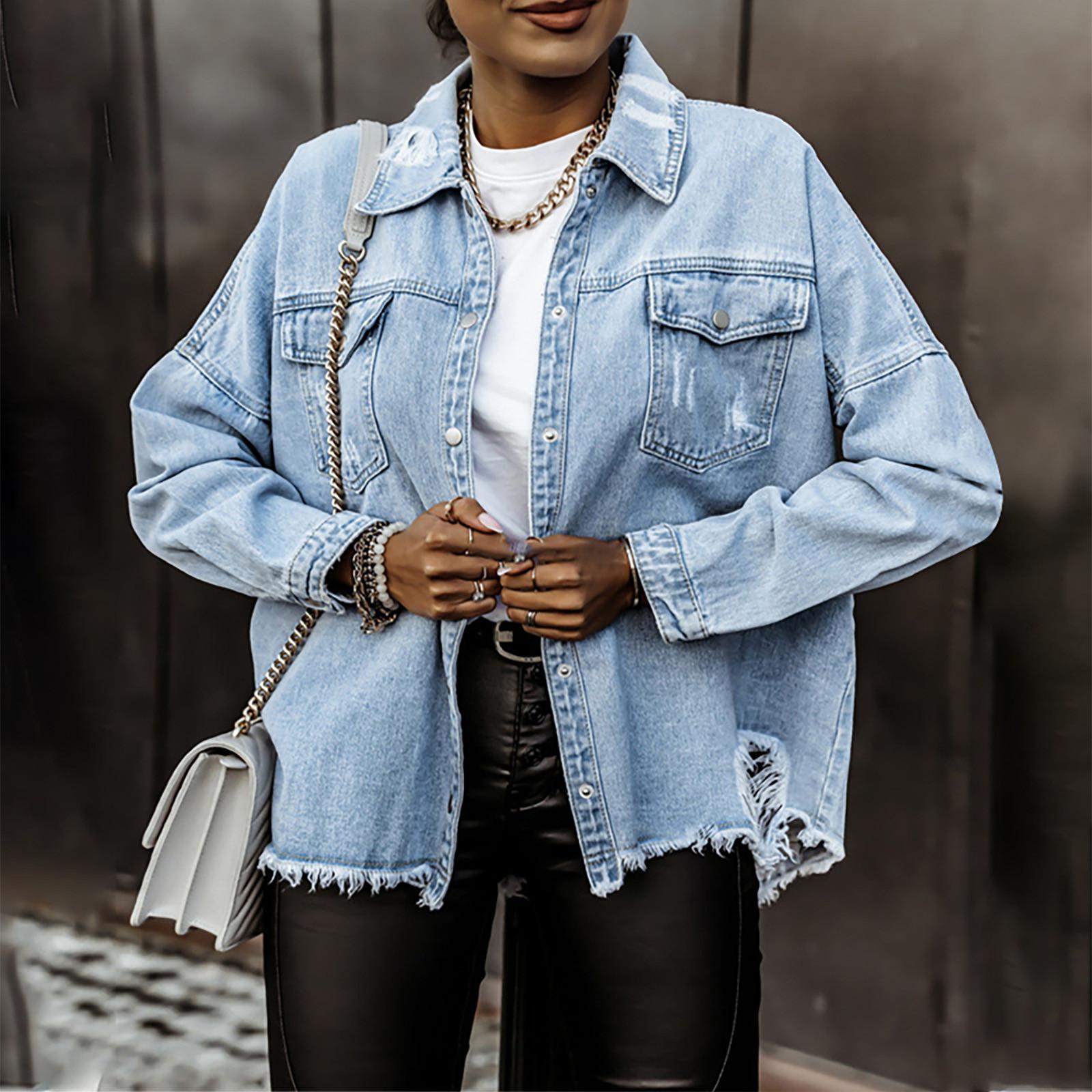 

Женская И Зимняя Повседневная Мода Свободная Джинсовая Куртка С Длинным Рукавом S светло-синий