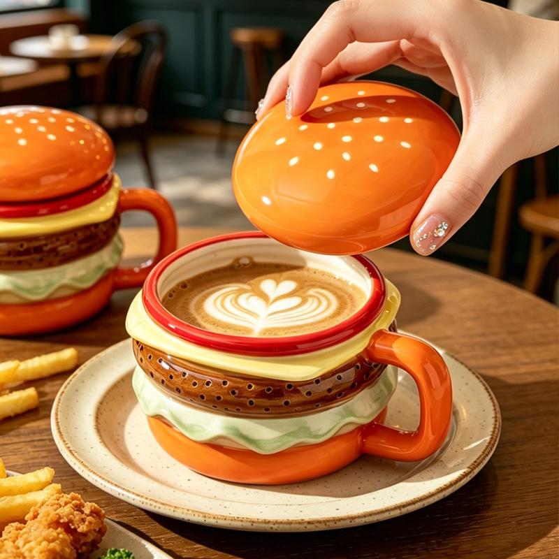 Fun Burger Ceramic Capped Coffee Cup, High Beauty Milk Breakfast Drinking Mug Gift Home Breakfast Cup Milk Juice Water Cup