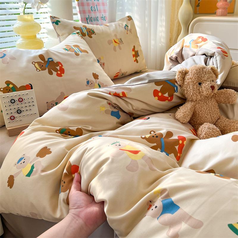 Class A Maternal And Infant Grade Washed Cotton Bed Four-Piece Set, Children'S Cartoon Bed Sheet Quilt Cover, Dormitory Single Quilt Cover 3Pcs Set