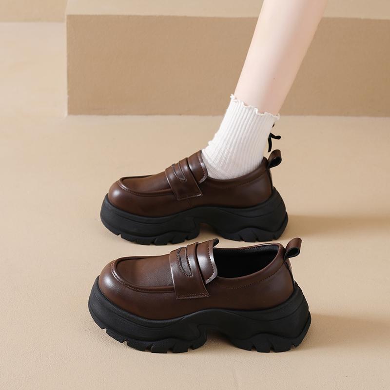 Fashion CRLAYDK Fashion Women's Platform Mid Chunky Heel Loafers Classic Round Toe Slip On Office Uniform Leather Walking Shoes
