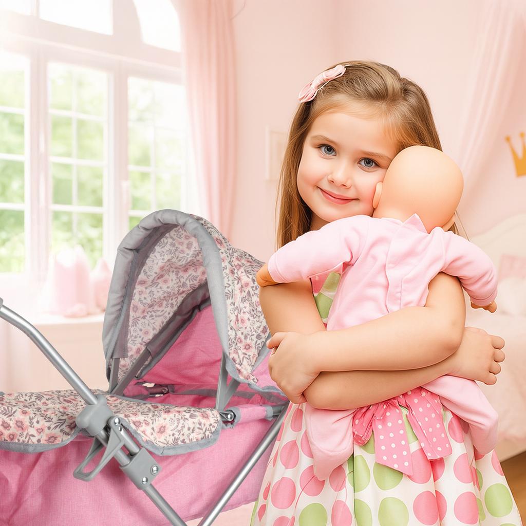 Pink Flowers Foldable Doll Pram Gondola Stroller With Bag