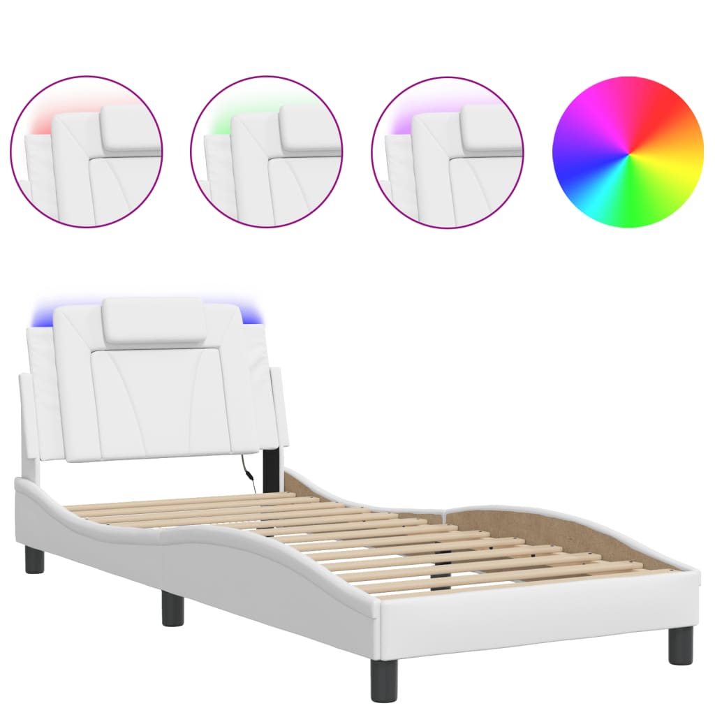 Vidaxl LED Bed Frame, White, 90X190 Cm, Faux Leather