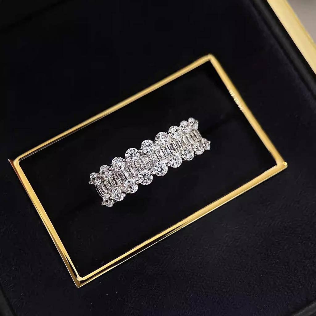 Zircon Full Diamond Heavy Industry Ring T Square Diamond Sugar Cube Lace Bright Galaxy Ring Half Ring Diamond Row Ring