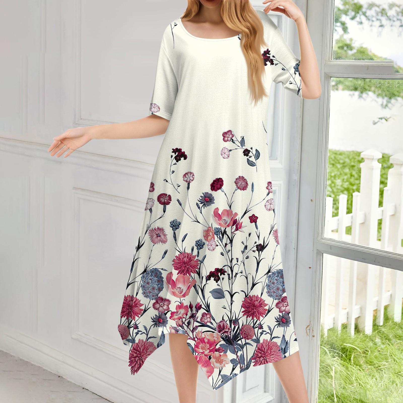 

Женское повседневное модное платье миди с круглым вырезом и коротким рукавом с принтом и неровным подолом M розовый