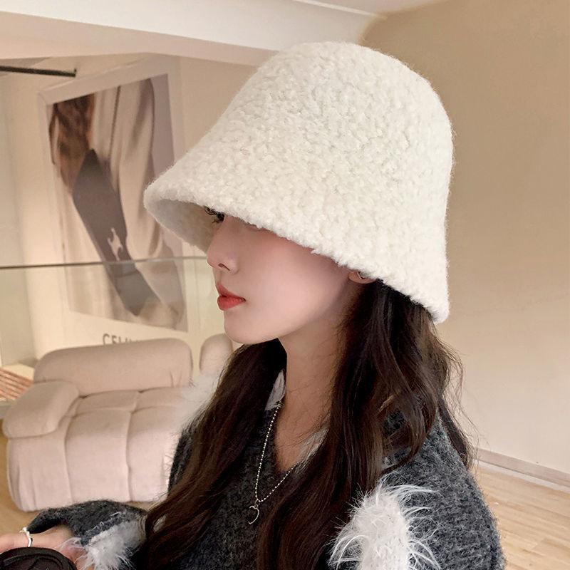 Autumn and Winter New Lamb Bucket Hat Solid Color Color Bucket Hat Warm Plush Basin Hat Headache Windproof Hat