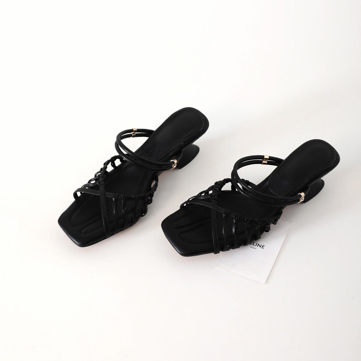 

Sheepskin version~ French holiday style woven hollow word with cool slippers women s outer wear square head temperament wedge heel sandals 40